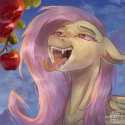Size: 1918x1921 | Tagged: safe, artist:ankhel, derpibooru import, fluttershy, bat pony, pegasus, pony, g4, apple, bat ponified, drool, drool string, ears, eyebrows, eyelashes, fangs, female, floppy ears, flutterbat, food, forked tongue, heart, heart eyes, mare, mawshot, open mouth, race swap, salivating, sky, solo, stars, sternocleidomastoid, tongue, tongue out, wingding eyes, wings