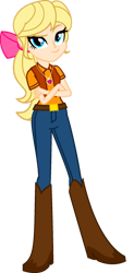 Size: 827x1680 | Tagged: safe, artist:aledurano, derpibooru import, megan williams, human, equestria girls, g1, belt, boots, bow, clothes, coat, cowboy boots, crossed arms, denim, dreamworks face, eyebrows, hair bow, high heel boots, jeans, jewelry, looking at you, necklace, older, pants, raised eyebrow, shirt, shoes, simple background, smiling, smiling at you, smirk, solo, transparent background, vest