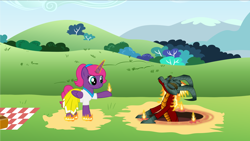 Size: 3238x1821 | Tagged: safe, derpibooru import, oc, oc only, oc:pinkmane, alicorn, dragon, hybrid, longma, alicorn oc, background, basket, clothes, dirt, duo, fire, fire magic, horn, magic, magic circle, mane of fire, picnic, picnic basket, picnic blanket, spell, summoning, summoning circle, volvagia, wings