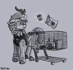 Size: 1620x1567 | Tagged: safe, artist:reddthebat, derpibooru import, autumn blaze, kirin, g4, canned food, clothes, cloven hooves, ears, female, floppy ears, frown, gray background, grayscale, levitation, lidded eyes, magic, monochrome, shopping cart, signature, simple background, solo, telekinesis, uniform, vest