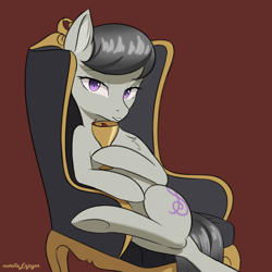 Size: 2000x2000 | Tagged: safe, artist:nutellaenjoyer, derpibooru import, octavia melody, earth pony, pony, g4, chair, chalice, drink, drinking, female, looking at you, mare, sitting, smiling, solo