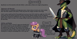 Size: 2118x1088 | Tagged: safe, ai content, derpibooru import, generator:stable diffusion, machine learning generated, scootaloo, oc, oc:arsiel de lavrae, dragon, pegasus, pony, armor, claws, clothes, coat, hat, prompter:jackiepie, purple mane, purple tail, scales, sword, tail, text, weapon, wings