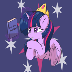 Size: 1500x1500 | Tagged: safe, artist:hcl, derpibooru import, twilight sparkle, twilight sparkle (alicorn), alicorn, pony, g4, blue background, book, simple background, solo