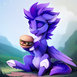 Size: 3072x3072 | Tagged: safe, ai content, derpibooru import, generator:easyfluff v11.2, machine learning generated, oc, oc only, oc:shadow galaxy, pegasus, pony, belly button, burger, cheeseburger, chest fluff, ear fluff, ears, eating, ethereal mane, eyes closed, fangs, fluffy, food, grass, hamburger, high res, hooves, meat, mountain, open mouth, ponies eating meat, prompter:shad0w-galaxy, sitting, solo, starry eyes, starry mane, underhoof, wingding eyes, wings