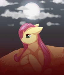 Size: 3000x3500 | Tagged: safe, artist:lunayourlife, derpibooru import, fluttershy, pegasus, pony, g4, cloud, ear fluff, ears, female, full moon, head turn, high res, looking away, looking to side, looking to the left, mare, moon, night, pink hair, sitting, solo, spread wings, wings