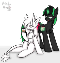 Size: 3275x3412 | Tagged: safe, artist:ashel_aras, derpibooru import, oc, oc only, oc:canvice, oc:jeluci, hybrid, pony, unicorn, coffee, commission, duo, hybrid oc, magic, paint, paintbrush, scar, simple background, white background