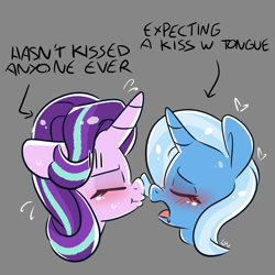 Size: 2200x2200 | Tagged: safe, artist:lou, derpibooru import, starlight glimmer, trixie, g4, awkward, awkward moment, blushing, female, gray background, kissing, lesbian, shipping, simple background, startrix