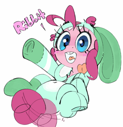 Size: 930x955 | Tagged: safe, artist:maremagnet, derpibooru import, pinkie pie, earth pony, pony, g4, animal costume, blush lines, blushing, bunny costume, clothes, costume, cute, diapinkes, kigurumi, open mouth, open smile, simple background, smiling, solo, tail, tail wag, white background