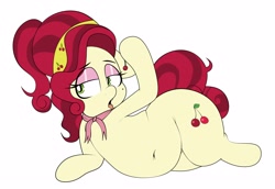 Size: 2822x1944 | Tagged: safe, artist:blitzyflair, derpibooru import, cherry jubilee, earth pony, pony, g4, bedroom eyes, belly, belly button, cherry, chubby, clothes, female, food, lidded eyes, mare, open mouth, round belly, simple background, solo, white background, wide hips