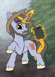 Size: 724x1023 | Tagged: safe, artist:calena, derpibooru import, oc, oc only, oc:yerba mate, pony, unicorn, chimarrão, colored, cowboy hat, cute, cutie mark, facial hair, flat colors, gourd, hat, horn, looking at you, magic, male, moustache, raised hoof, raised leg