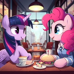 Size: 1024x1024 | Tagged: safe, ai content, derpibooru import, generator:bing image creator, machine learning generated, pinkie pie, twilight sparkle, twilight sparkle (alicorn), alicorn, earth pony, pony, g4, cafe, clothes, duo, female, food, looking at each other, looking at someone, mare, sandwich, smiling
