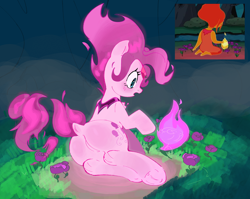 Size: 2262x1804 | Tagged: safe, artist:maremagnet, derpibooru import, pinkie pie, earth pony, pony, g4, adventure time, balloonbutt, butt, dock, featureless crotch, fire, flame princess, flower, frog (hoof), plot, ponified, solo, species swap, tail, underhoof