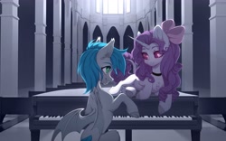 Size: 4000x2500 | Tagged: safe, artist:avroras_world, derpibooru import, oc, oc only, bat pony, pony, unicorn, bowtie, chest fluff, choker, female, mare, musical instrument, piano