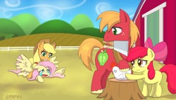 Size: 1200x686 | Tagged: safe, artist:empyu, derpibooru import, apple bloom, applejack, big macintosh, fluttershy, bird, chicken, earth pony, pegasus, pony, g4, :t, abuse, cleaver, crying, flutterbuse, gritted teeth, holiday, implied ponies eating meat, mouth hold, pinned, remake, spread wings, teeth, thanksgiving, tree stump, wings