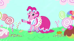 Size: 1280x720 | Tagged: safe, artist:gracelamson2008, derpibooru import, pinkie pie, earth pony, pony, g4, clothes, dress, gala dress, simple background, solo, ta-da!, transparent background