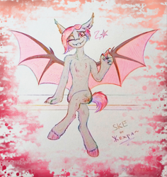 Size: 2040x2160 | Tagged: safe, artist:jehr, derpibooru import, oc, oc only, oc:sofy, anthro, bat pony, cat, cat pony, hybrid, original species, pegasus, pony, unguligrade anthro, anthro oc, bat ears, bat eyes, bat pony oc, bat wings, chilli, claws, food, hand, looking at you, one eye closed, paws, sitting, smiling, smiling at you, solo, spread wings, trade, traditional art, wings, wink, winking at you