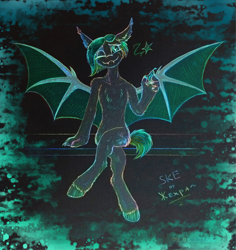 Size: 2040x2160 | Tagged: safe, artist:jehr, derpibooru import, oc, oc only, oc:sofy, anthro, bat pony, cat, cat pony, hybrid, original species, pegasus, pony, unguligrade anthro, anthro oc, bat ears, bat eyes, bat pony oc, bat wings, chilli, claws, food, hand, looking at you, one eye closed, paws, sitting, smiling, smiling at you, solo, spread wings, trade, traditional art, wings, wink, winking at you