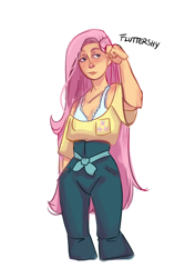 Size: 2488x3533 | Tagged: safe, artist:ohmisweetgoodness, derpibooru import, fluttershy, human, g4, bra, clothes, female, humanized, pants, shirt, simple background, solo, underwear, white background