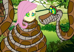 Size: 1280x896 | Tagged: safe, artist:a-new-recipeh, derpibooru import, fluttershy, human, snake, equestria girls, g4, blushing, coils, cute, duo, female, forest, humanized, hypno eyes, hypnoshy, hypnosis, hypnotized, jungle, kaa, kaa eyes, male, nature, shyabetes, smiling, tree, wrapped up