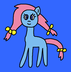 Size: 725x729 | Tagged: safe, artist:the-rainbow-nigga420, derpibooru import, bow tie (g1), earth pony, pony, g1, g4, 1000 hours in ms paint, blue background, bow, cute, female, g1 to g4, generation leap, hair bow, mare, ms paint, paint.net, simple background, smiling, solo, tail, tail bow, tieabetes