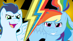 Size: 1024x576 | Tagged: safe, artist:theartsyemporium, rainbow dash, soarin', pegasus, pony, female, male, mare, soarindash, stallion