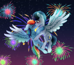 Size: 1024x900 | Tagged: safe, artist:shootingstaryt, rainbow dash, soarin', pegasus, pony, female, fireworks, kiss on the lips, kissing, male, mare, soarindash, stallion