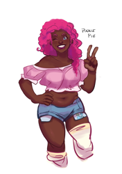 Size: 2488x3533 | Tagged: safe, artist:ohmisweetgoodness, derpibooru import, pinkie pie, human, g4, alternate hairstyle, belly button, chubby, clothes, dark skin, female, grin, humanized, midriff, one eye closed, peace sign, plump, short shirt, shorts, simple background, smiling, socks, solo, stockings, thigh highs, white background, wink