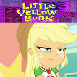 Size: 894x894 | Tagged: safe, artist:questphillips, derpibooru import, edit, edited screencap, screencap, applejack, equestria girls, g4, little yellow book, solo, spongebob squarepants, spongebob time card