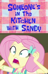 Size: 749x1161 | Tagged: safe, artist:questphillips, derpibooru import, fluttershy, equestria girls, g4, low effort, someone's in the kitchen with sandy, spongebob squarepants, spongebob time card