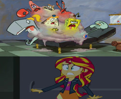 Size: 1320x1080 | Tagged: safe, artist:questphillips, derpibooru import, sunset shimmer, equestria girls, g4, disgusting, it all started when i was born, meme, mr. krabs, mrs. puff, nickelodeon, patrick star, pearl krabs, reaction image, sandy cheeks, shocked, solo, spongebob squarepants, spongebob squarepants (character), squidbob tentaclepants, squidward tentacles