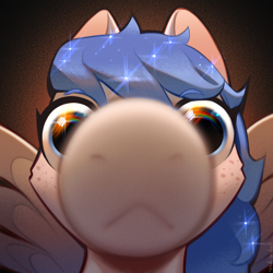 Size: 3150x3150 | Tagged: safe, artist:rrd-artist, derpibooru import, oc, oc only, oc:starlit beacon, pegasus, pony, :<, :c, bust, close-up, cute, ethereal mane, female, fisheye lens, freckles, frown, looking at you, mare, meme, muzzle, silly, snoofa, snoot, solo, staring into your soul, starry mane, wat, wings, you got games on your phone