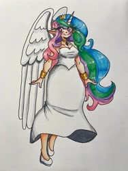 Size: 3024x4032 | Tagged: safe, artist:mylittleyuri, derpibooru import, princess celestia, human, g4, blushing, breasts, clothes, colored pencil drawing, dress, elf ears, eye clipping through hair, eyebrows, eyebrows visible through hair, female, high res, horn, horned humanization, humanized, light skin, princess breastia, shoes, simple background, smiling, solo, traditional art, white background, winged humanization, wings