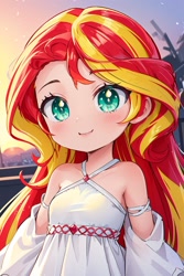 Size: 1024x1536 | Tagged: safe, ai content, derpibooru import, editor:sammykun, machine learning generated, sunset shimmer, human, g4, anime style, bare shoulders, chibi, child, clothes, cute, dress, female, humanized, prompter:sammykun, shimmerbetes, sleeveless, sleeveless dress, solo, white dress, young, younger, younger female