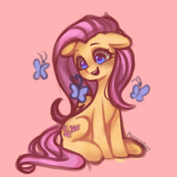 Size: 2000x2000 | Tagged: safe, artist:amaeeart, derpibooru import, fluttershy, butterfly, pegasus, pony, g4, blushing, cute, ears, female, floppy ears, folded wings, head turn, high res, looking at something, mare, open mouth, open smile, red background, simple background, sitting, smiling, solo, wings