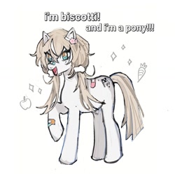 Size: 1273x1263 | Tagged: artist needed, safe, derpibooru import, pony, apple, biscotti (v4mirai), carrot, dialogue, female, food, mare, ponified, simple background, solo, species swap, vtuber, white background