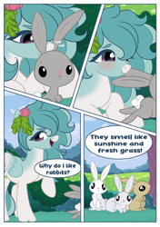 Size: 1080x1533 | Tagged: safe, artist:ynery, derpibooru import, oc, oc only, oc:cloveline, pegasus, pony, rabbit, animal, blushing, comic, cute, sniffing, speech bubble, text