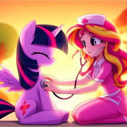 Size: 1024x1024 | Tagged: safe, ai content, derpibooru import, machine learning generated, sunset shimmer, twilight sparkle, twilight sparkle (alicorn), alicorn, pony, equestria girls, g4, nurse, stethoscope