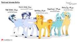 Size: 7664x4200 | Tagged: safe, artist:parrpitched, derpibooru import, fleetfoot, high winds, misty fly, soarin', spitfire, pegasus, pony, g4, chest fluff, coat markings, design, lidded eyes, looking at you, open mouth, open smile, redesign, reimaging, simple background, smiling, socks (coat marking), white background, winged hooves, wings, wonderbolts