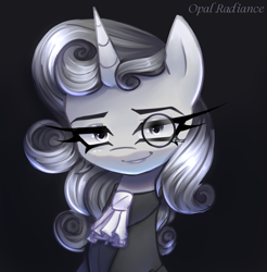 Size: 2800x2840 | Tagged: safe, artist:opal_radiance, derpibooru import, oc, oc:fatastico, pony, unicorn, female, grayscale, mare, monochrome, monocle, not sweetie belle, solo