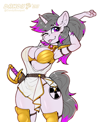 Size: 1884x2280 | Tagged: safe, artist:dandy, derpibooru import, oc, oc only, oc:hazel radiate, anthro, unicorn, absolute cleavage, armor, belt, blushing, bra, breasts, cleavage, clothes, commission, ear fluff, ears, eyebrows, eyebrows visible through hair, female, gold, horn, looking at you, one eye closed, panties, ponytail, simple background, solo, stretching, sword, toga, tongue, tongue out, unconvincing armor, underwear, unicorn oc, weapon, white background, wink