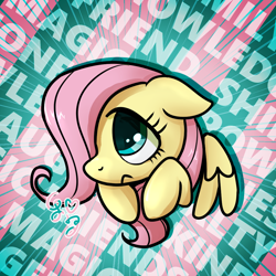 Size: 1000x1000 | Tagged: safe, artist:brella, derpibooru import, fluttershy, pegasus, pony, g4, cute, daaaaaaaaaaaw, female, filly, filly fluttershy, foal, hair over one eye, shy, shyabetes, solo, text, younger