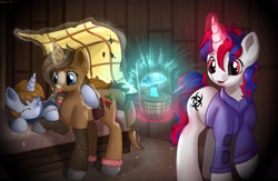 Size: 6142x4000 | Tagged: safe, artist:appleneedle, derpibooru import, oc, oc:littlepip, oc:snowi, oc:strawberry cocoa (the coco clan), pony, unicorn, fallout equestria, blanket, commission, cozy, cute, female, friends, hut, magic, mare, mushroom, sleeping, tired