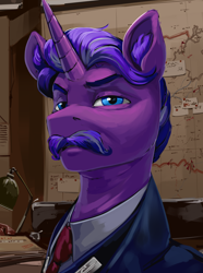 Size: 1560x2100 | Tagged: safe, artist:kelkessel, derpibooru import, oc, oc only, oc:laurus rootov, pony, unicorn, equestria at war mod, bust, detailed background, eaw redux, facial hair, male, moustache, portrait, solo