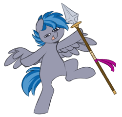Size: 538x517 | Tagged: safe, artist:higglytownhero, derpibooru import, oc, oc only, oc:silver sky, pegasus, pony, male, pegasus oc, simple background, solo, spear, weapon, white background