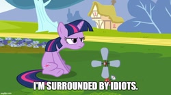 Size: 891x499 | Tagged: safe, derpibooru import, edit, edited screencap, screencap, twilight sparkle, unicorn twilight, unicorn, g4, hurricane fluttershy, anemometer, background, disney, grumpy, grumpy twilight, house, i'm surrounded by idiots, movie reference, outdoors, ponyville