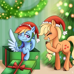 Size: 1800x1800 | Tagged: safe, artist:galaxy swirl, derpibooru import, applejack, rainbow dash, earth pony, pegasus, pony, g4, appledash, christmas, christmas tree, female, hat, holiday, lesbian, present, santa hat, shipping, tree