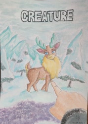 Size: 852x1200 | Tagged: safe, artist:bruttas46, derpibooru import, velvet reindeer, deer, human, them's fightin' herds, /mlp/, 4chan, clothes, community related, creature, drawthread, female, forest, meme, mountain, nature, photo, pointing, smug, snow, traditional art, tree, watercolor painting