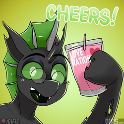 Size: 2160x2160 | Tagged: safe, artist:difis, derpibooru import, oc, oc only, changeling, bust, cute, drink, glasses, gradient background, green changeling, happy, juice, love, portrait, solo, text