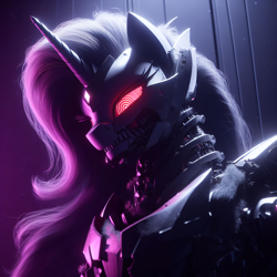 Size: 4096x4096 | Tagged: safe, ai content, derpibooru import, generator:dall-e 3, machine learning generated, princess celestia, alicorn, anthro, cyborg, robot, g4, armor, cyber pony, cyberpunk 2077, ears up, female, future, futuristic, neon, prompter:rektpay, red eyes, roboticization, simple background, smiling, solo
