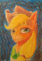 Size: 2564x3633 | Tagged: safe, artist:bruttas46, derpibooru import, applejack, earth pony, pony, g4, bust, clothes, cowboy hat, ear fluff, ears, female, fine art parody, hat, mare, pastel, photo, portrait, traditional art, vincent van gogh